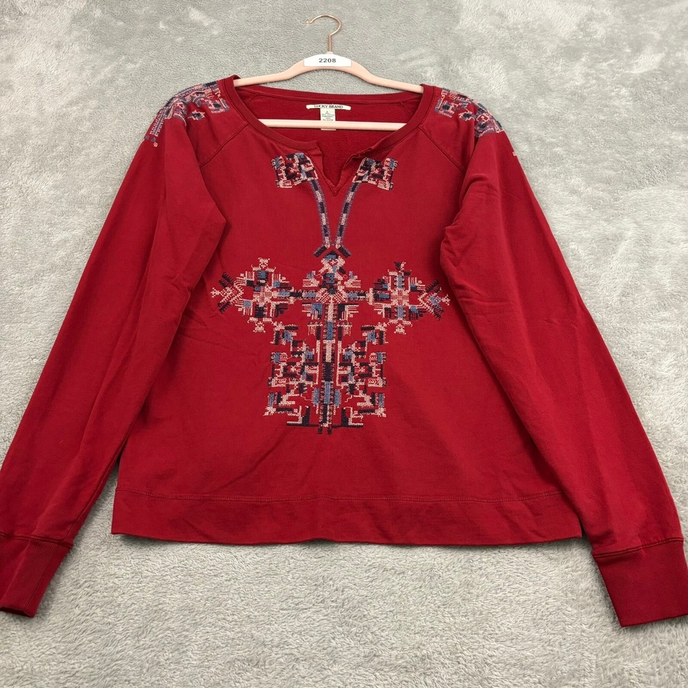 Lucky Brand Embroidered Sweatshirt Womens L Red Cotton Aztec Southwestern Tribal